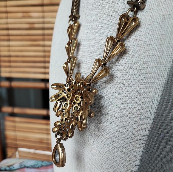 J. Crew Art Deco Revival Brass Tone Clear Stone Statement Necklace Reproduction - Picture 11 of 16